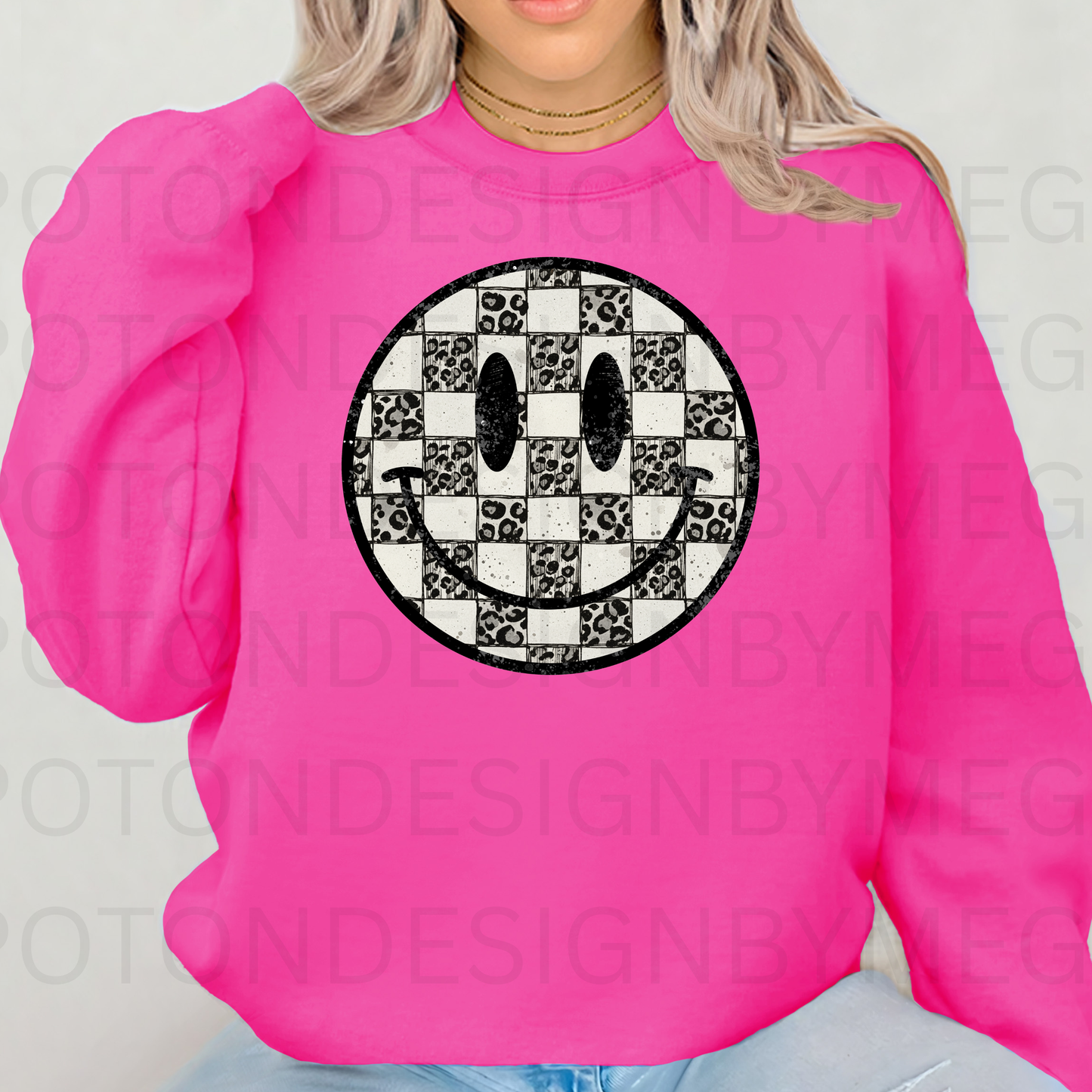 Leopard Checkered Smiley Face Crewneck