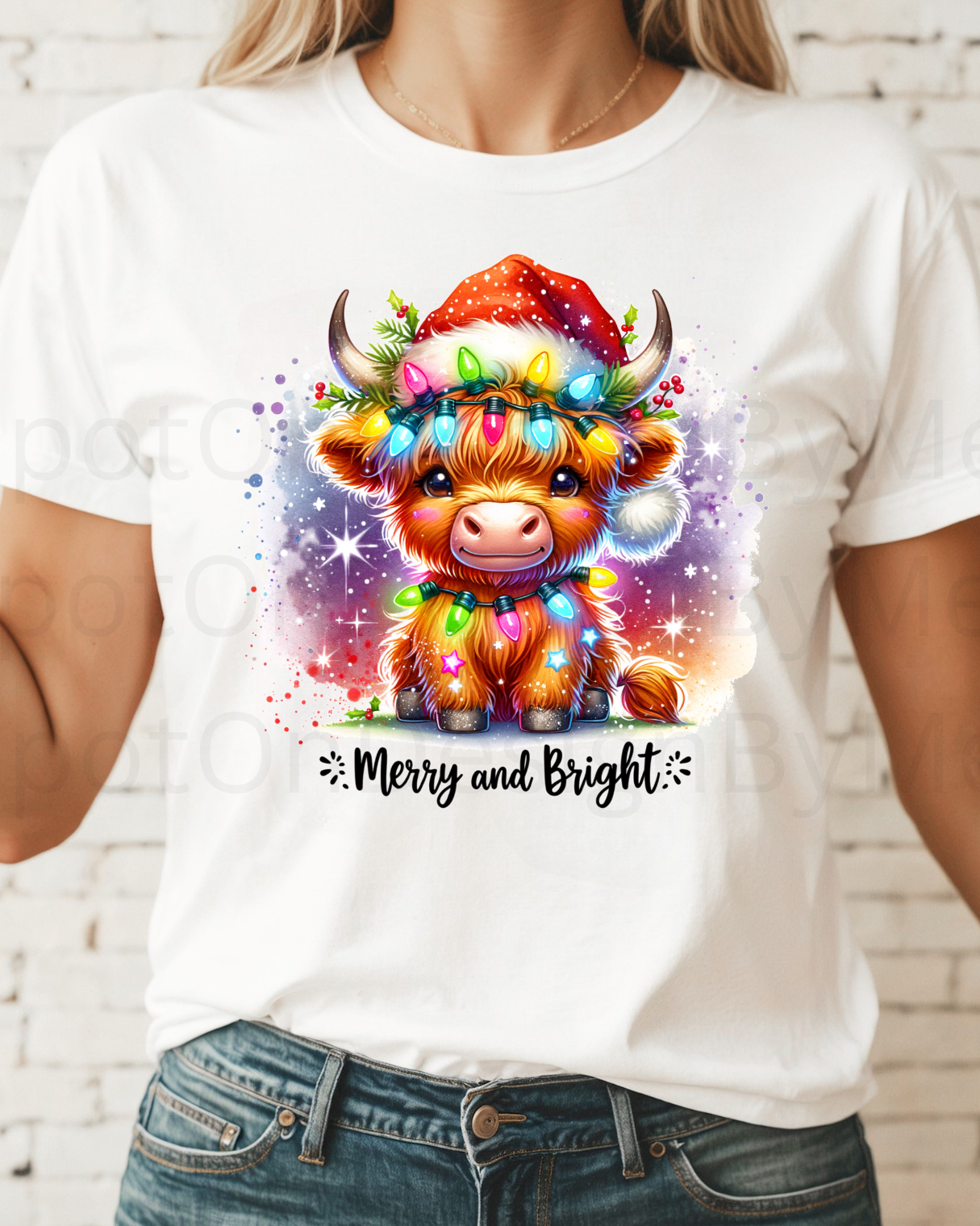 Merry And Bright Highland Cow Christmas Tee
