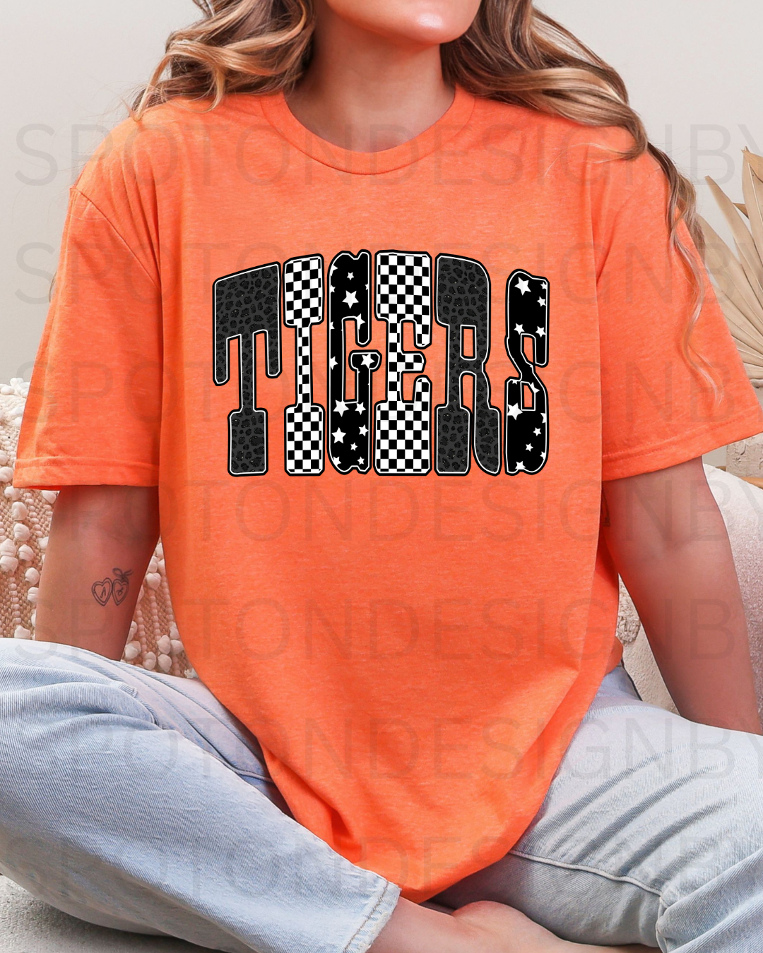 Tigers Retro Checkered Leopard Star Letter Tee