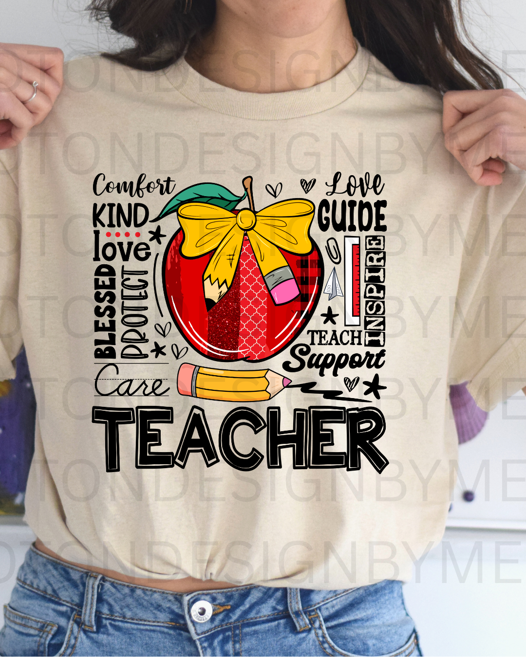 Teacher w/ Apple & Pencil Bow Tee