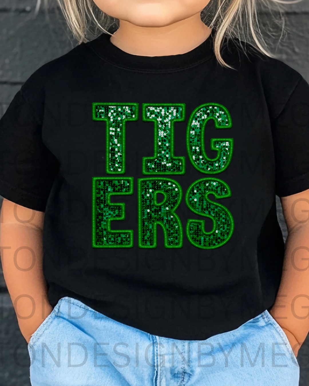 Tigers In Green Faux Sequin Youth Tee