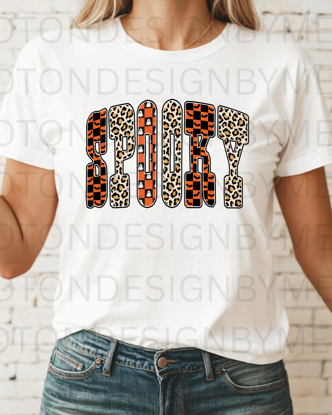 Spooky w/ Leopard Checkered Halloween Letter Tee