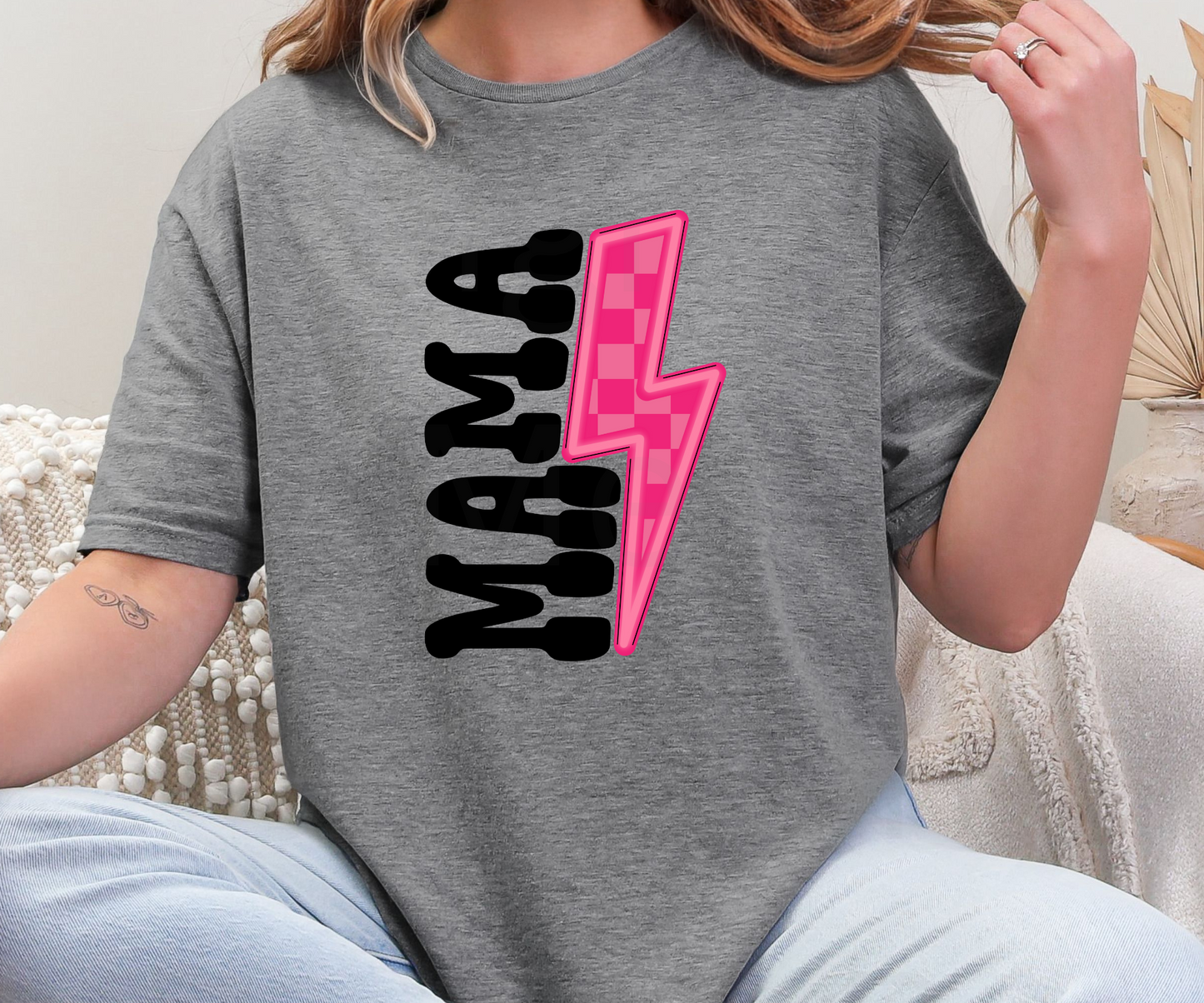 Mama w/ Pink Checkered Lighting Bolt Tee