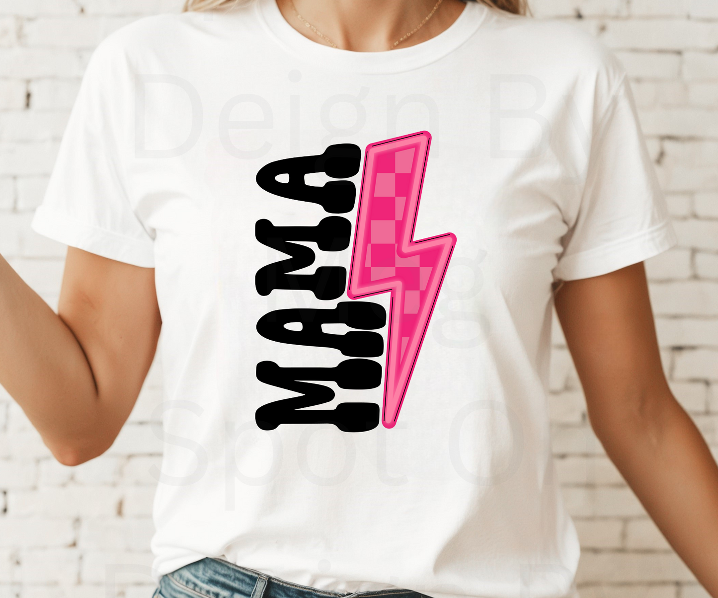 Mama w/ Pink Checkered Lighting Bolt Tee