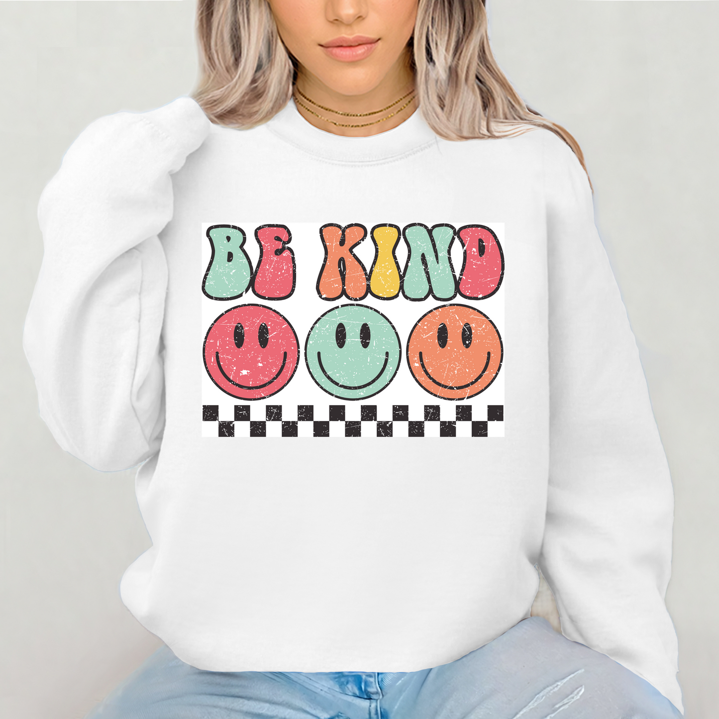 Be Kind Distressed w/ Happy Faces Crewneck