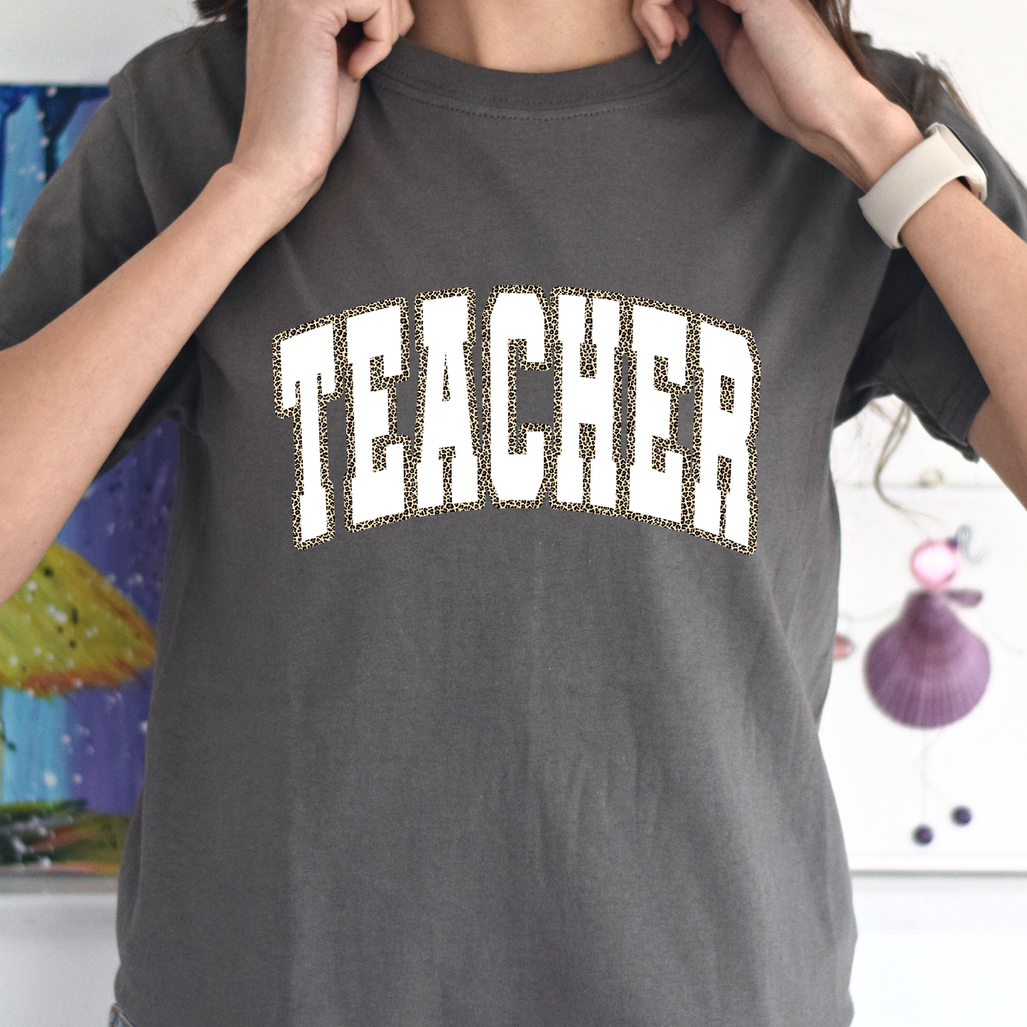 Teacher In White w/ Animal Print Outline Tee