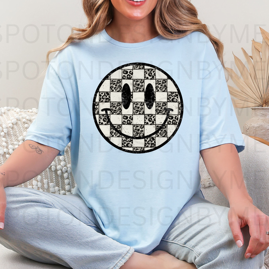 Leopard Checkered Smiley Face Tee