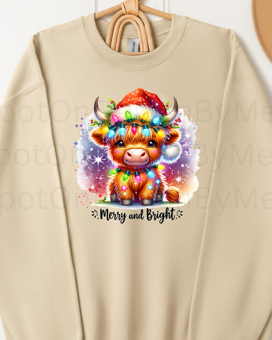 Merry And Bright Highland Cow Christmas Crewneck