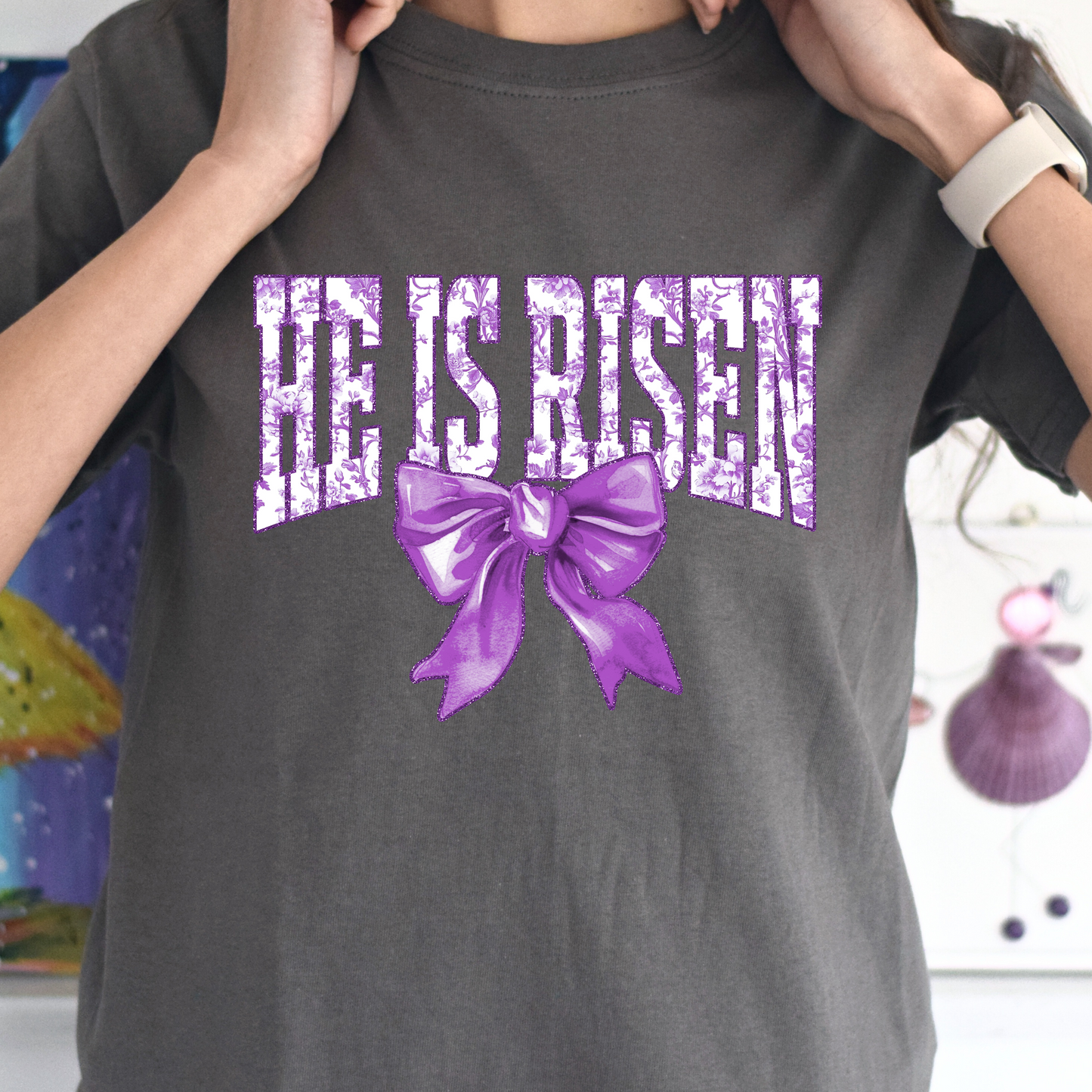 He Is Risen In Purple w/ Bow Tee