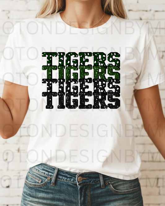 Tigers Stacked Green & Black Tee