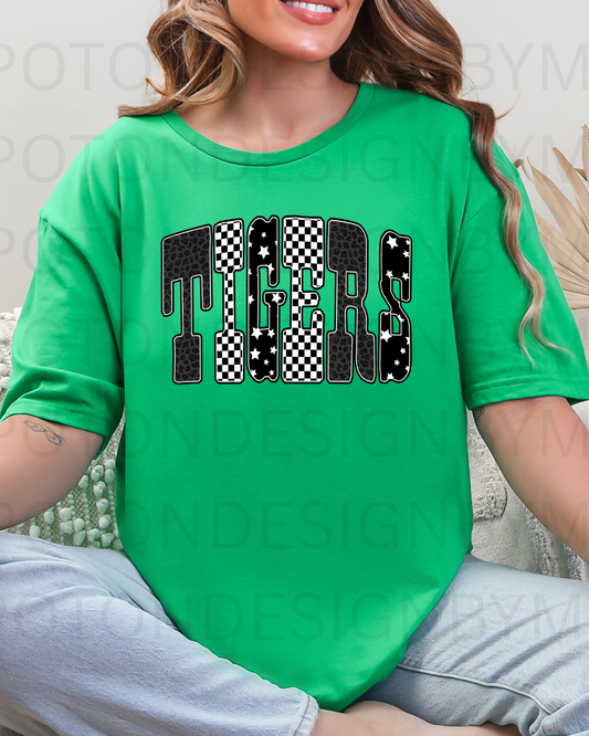 Tigers Retro Checkered Leopard Star Letter Tee