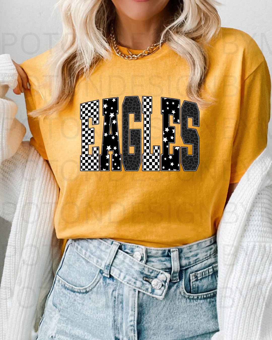 Eagles Retro Checkered Leopard Star Letter Tee