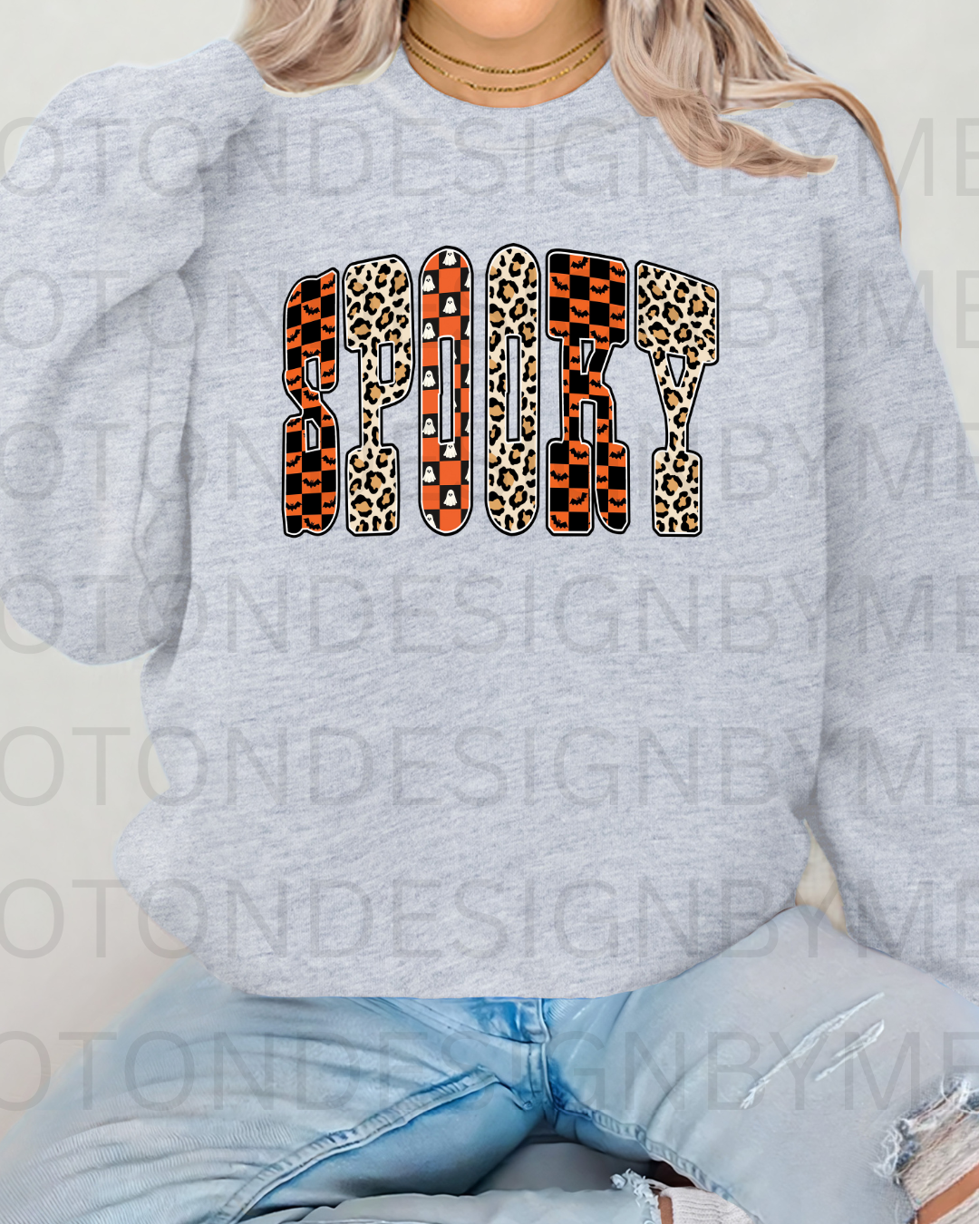 Spooky w/ Leopard Checkered Halloween Letter Crewneck